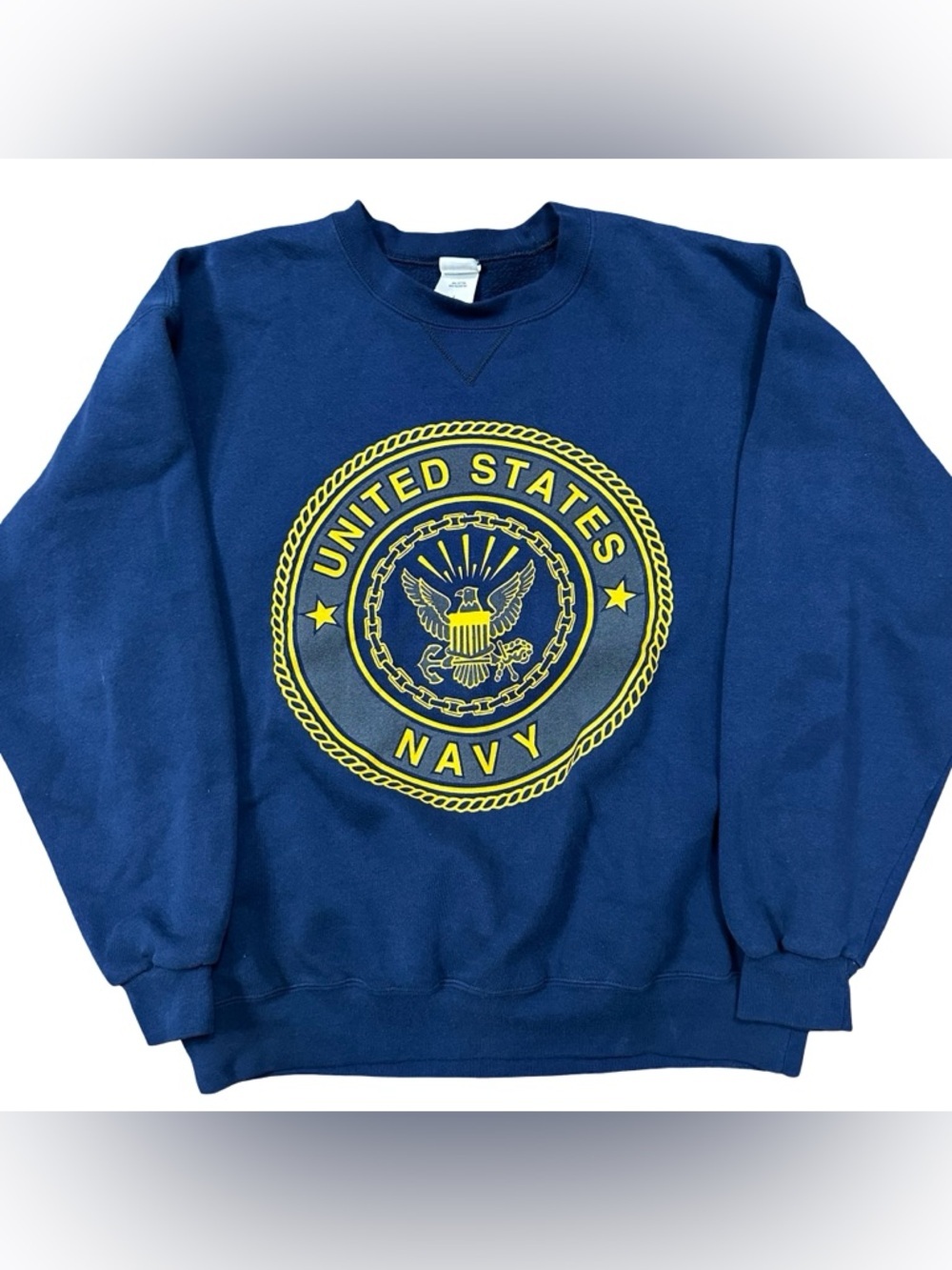VTG 90s M. J. Soffe Blue Navy United States Crewneck Sweatshirt Sz L Double Side